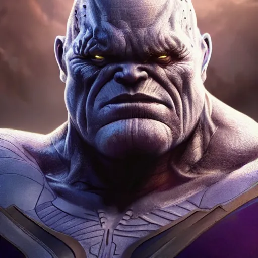 Image similar to characters portrait of Darkseid mixed with Thanos by ArtGerm and Tom Bagshaw, close up shot, merged character, Full body shot, cinematic opening shot, 4k, highly detailed, cinematic lighting