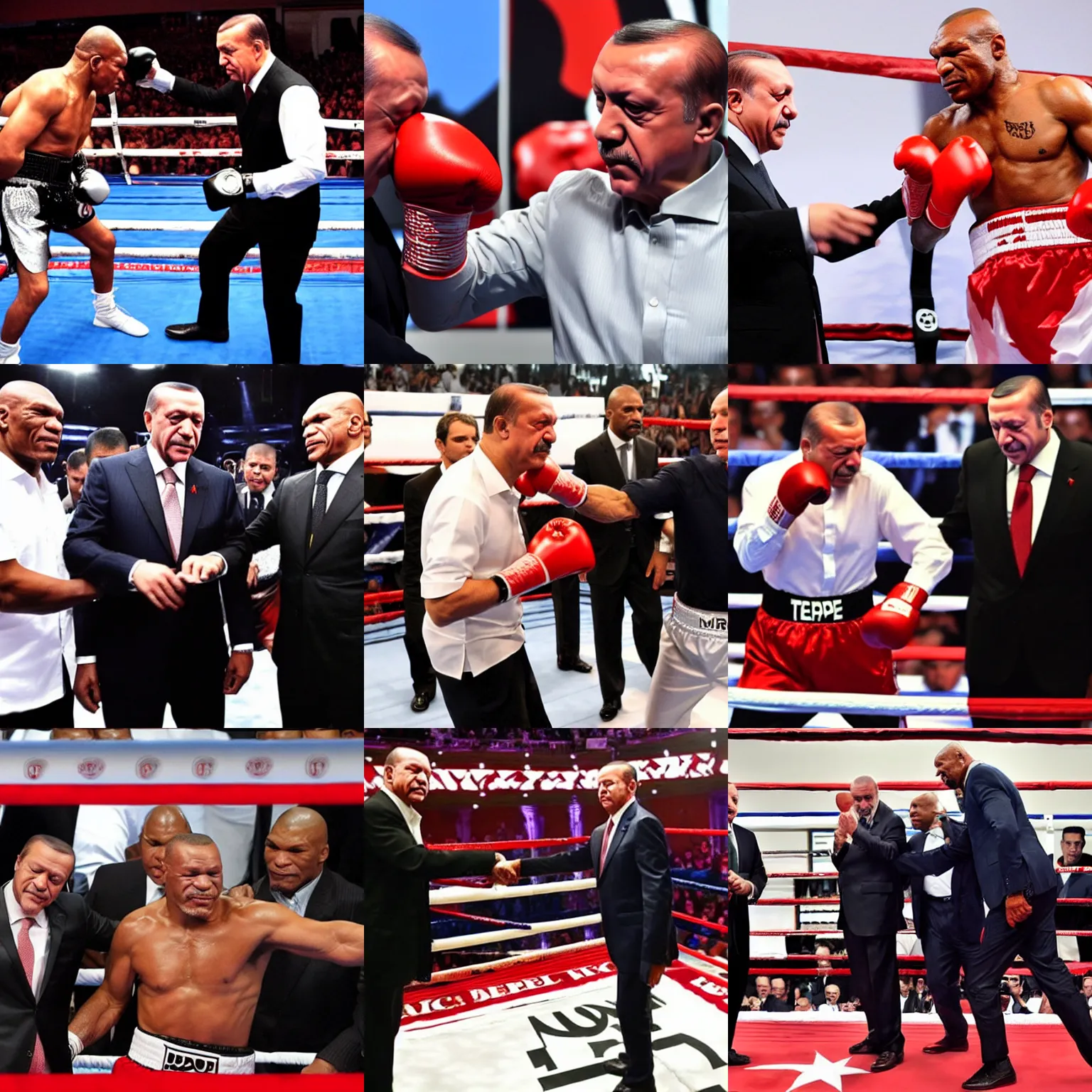 Prompt: recep tayyip erdogan boxing with mike tyson, hd, both faces visible