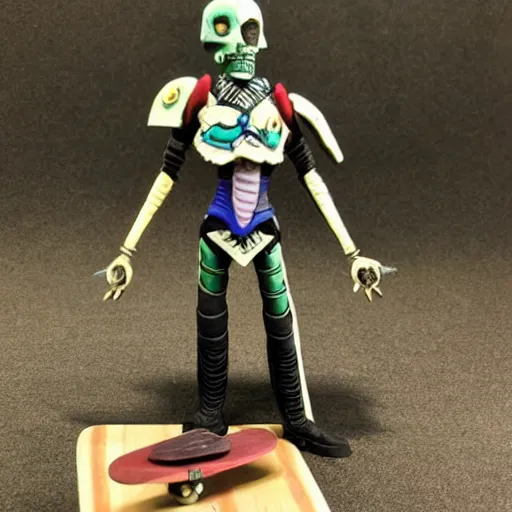 Image similar to a necron named anrakyr posing with a skateboard for a photo