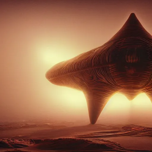 Image similar to house harkonnen from dune designed by hr giger moebius leonardo da vinci anton la vey and yasushi nirasawa, octane render, photorealistic, hdr, volumetric lighting, bokeh, sunset peeking through angular windows, advanced architectural design with led light background, glowing small red diodes, menacing design, 8 k - w 9 6 0