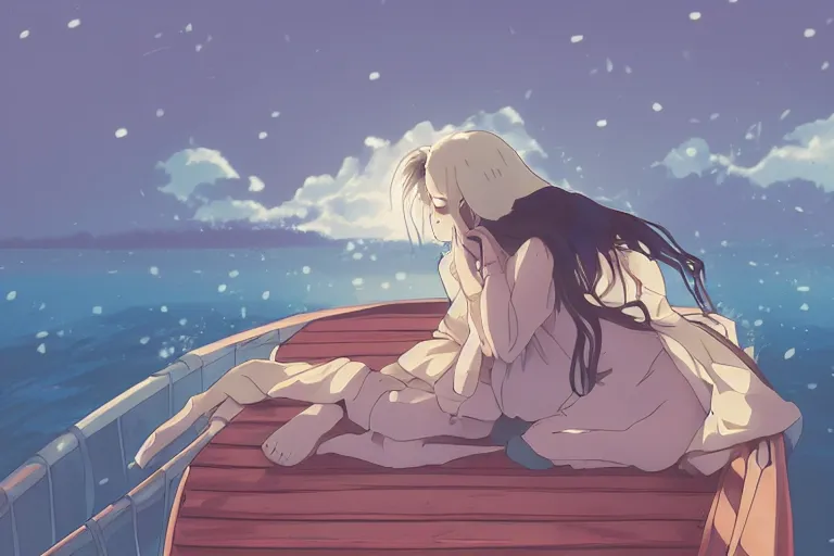 Image similar to anime woman sleeping on a raft, misty, night time, storm in distance, wide angle, by studio ghibli, yuumei, anime, hazy, foggy, ambient lighting, cottagecore,