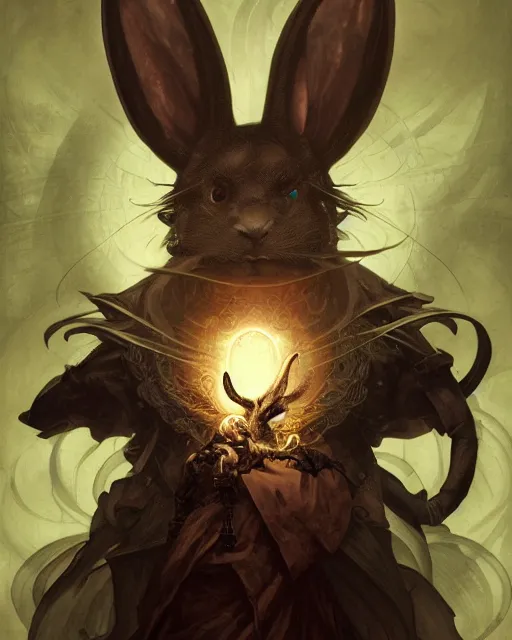 Image similar to Anthropomorphized black rabbit monk, centered, portrait, Path of Exile, Diablo, Warhammer, digital painting, highly detailed, concept art, Nekro, Peter Mohrbacher, Alphonse Mucha, Brian Froud, Yoshitaka Amano, Kim Keever, Victo Ngai, James Jean