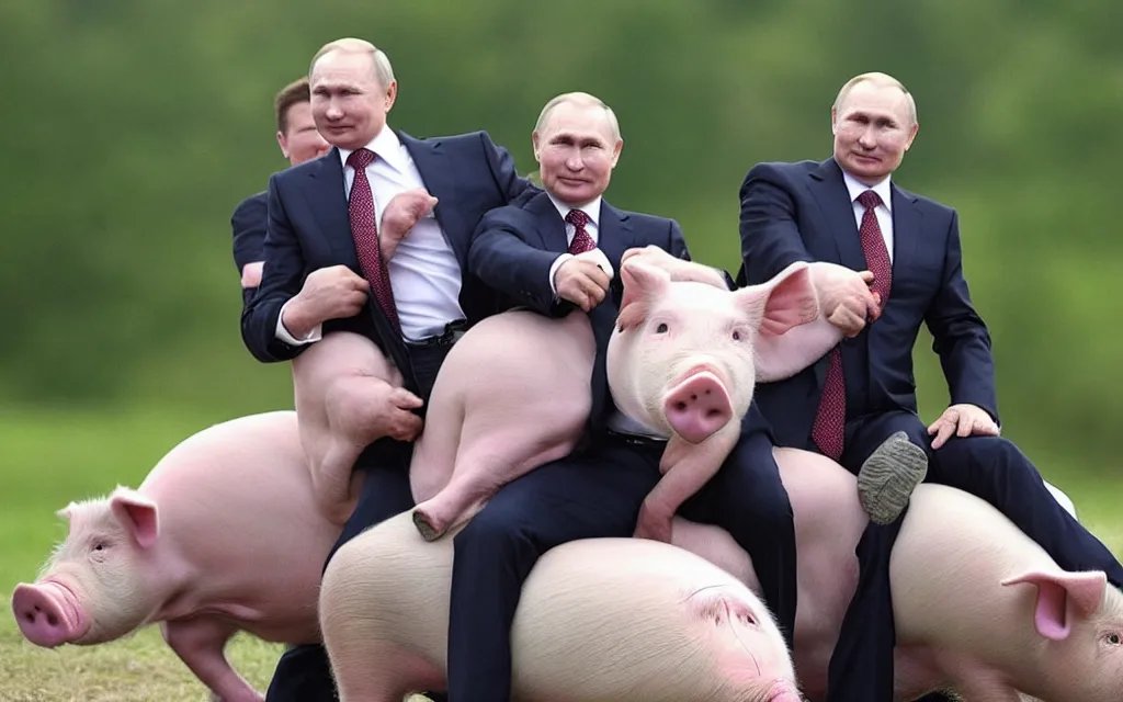 Prompt: vladimir putin riding on alexander lukashenka as pig