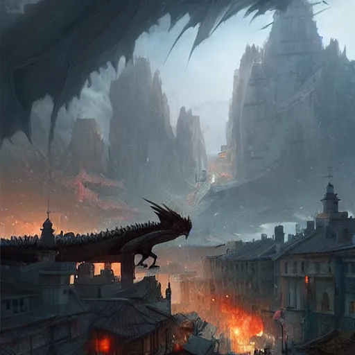 Image similar to dragon destroying a town, matte painting by greg rutkowski, artstation