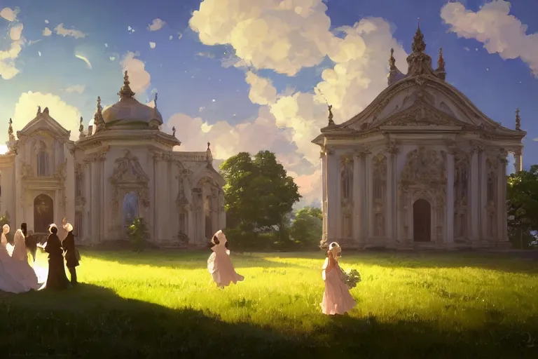 Prompt: an ornate baroque church, wedding party in front, scene in an open field. key visual, conceptart, ambient lighting, highly detailed, digital painting, artstation, concept art, sharp focus, by makoto shinkai and akihiko yoshida and greg manchess