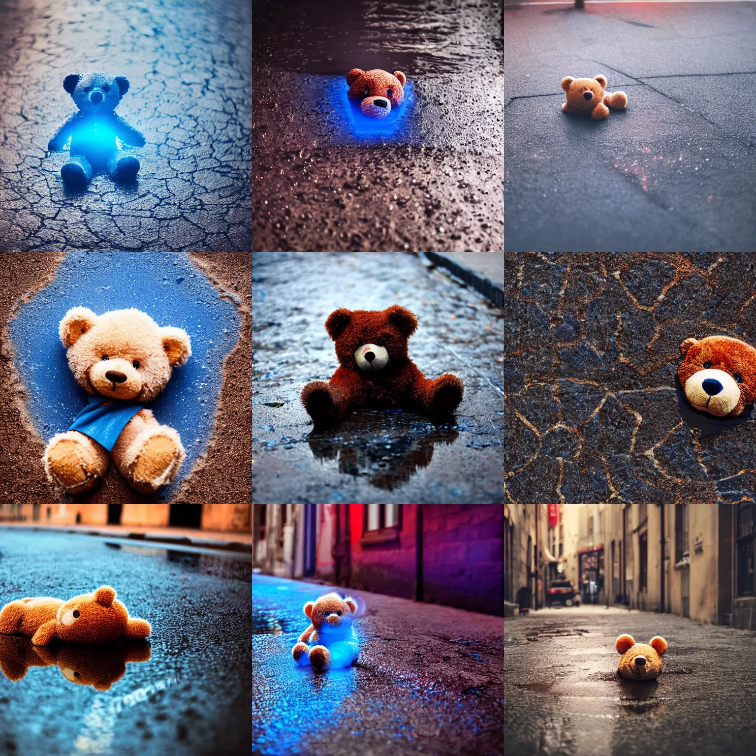 Prompt: extreme close up photo of a teddy bear lying in a puddle in a back street with blue and red lighting, cinematic, depth of field, blur, atmospheric, 8k, trending on artstation