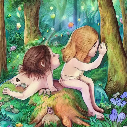 Prompt: a beautiful illustration of cute children dreaming about a beautiful forest, animals around them, high detailed faces, digital art