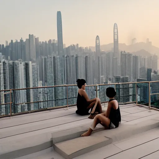 Image similar to a small rooftop with a couple of people sitting and watching the view, wearing black modern clothes, designed by rick owens, messy short hair, modern hong kong is on the background, sunset, pale colors, by gregory crewdson