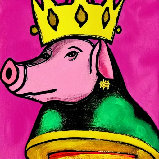 Image similar to pig wearing a simple gold crown in the style of peter max