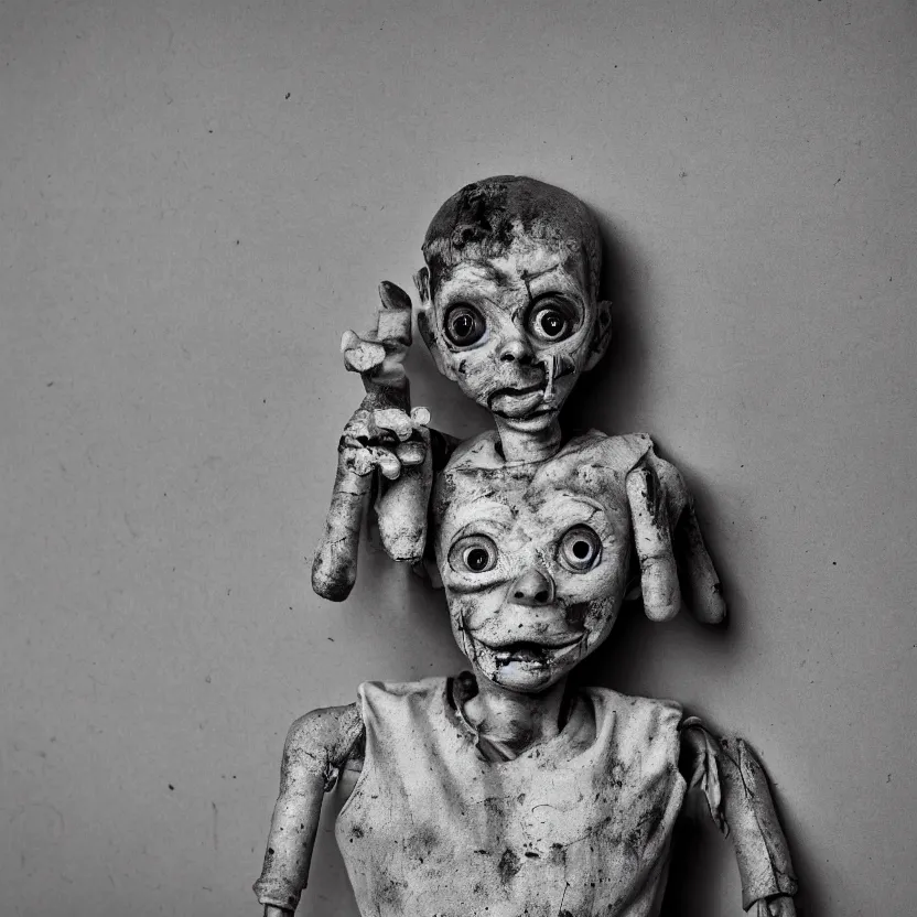 Image similar to creepy ventriloqiest dummy in the style of Roger Ballen, 4k, bw, portrait