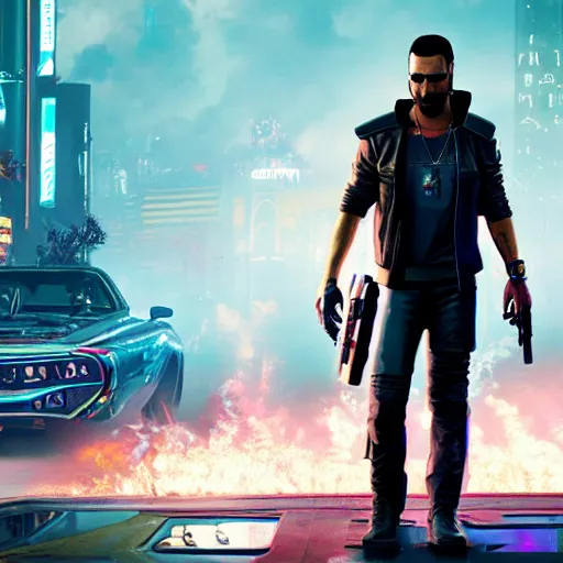 Image similar to photo of a Keanu Reaves in the Cyberpunk 2077 game