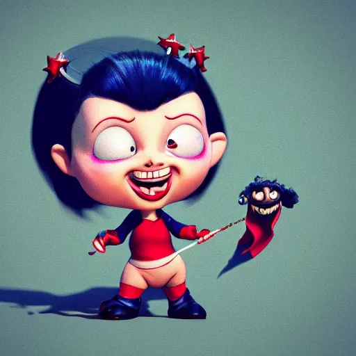 Image similar to baby harley queen caricature playing with a magic wand, full body, big head, large smile, pixar style, 4 k trending on artstation