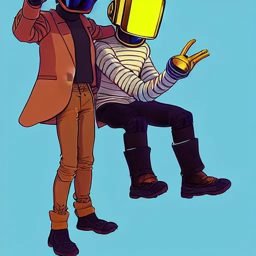 Image similar to a study of cell shaded cartoon of a daft punk in the style of howl's moving castle ( 2 0 0 4 ) on a desert road, full body, wide shot, very muted colors, post grunge, studio ghibli, laurie greasley, highly detailed, deviantart, art by artgem