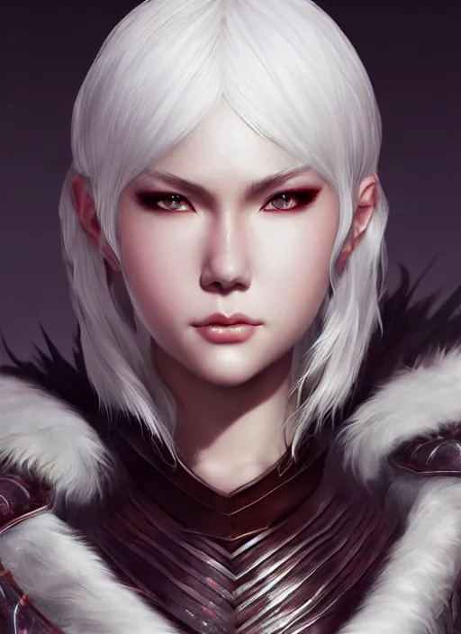 Image similar to warrior, fur leather armor!!! beautiful and elegant white hair female!! gorgeous ayes!! character concept art, sharp focus, octane render! unreal engine 5! highly rendered!! trending on artstation!! detailed linework!! illustration by artgerm, wlop, and chie yoshii