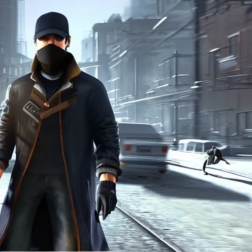 Prompt: Watch dogs game Aiden Pearce running towards a train in movement while policement chases him