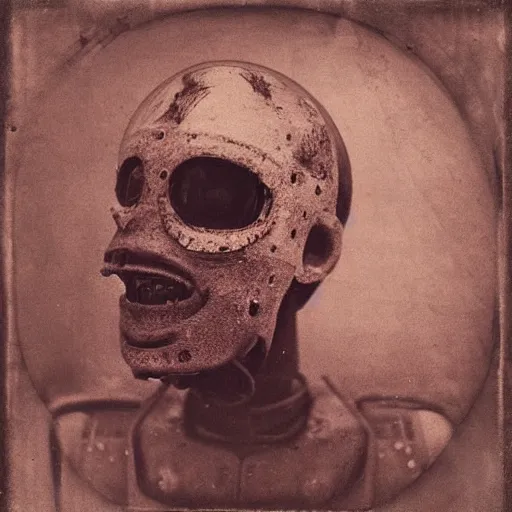 Image similar to “Early 1900s daguerreotype, robot zombie in the forest, hyper realistic, by Steven Rhodes, shallow depth of field, sepia, eerie, macabre, scratches and burns on film, horror, cinematic, photorealistic, highly detailed”