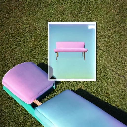 Image similar to a pastel coloured Polaroid photo of a sun lounger made of transparent iridescent perspex stood centrally in a field, beams of light, nostalgic