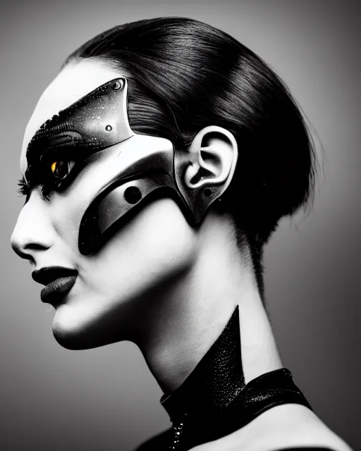 Image similar to a profile portrait, a stunning young woman - crow - cyborg, editorial photography, bw, shot on 7 0 mm, depth of field, f / 2. 8, high contrast, 1 6 k, volumetric lighting, shiny, insanely detailed and intricate, hypermaximalist, elegant, ornate, hyper realistic, super detailed