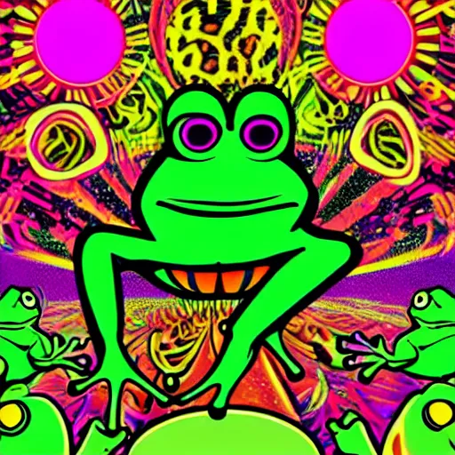 Image similar to frog rave, large bullfrog DJ, lots of frogs dancing on drugs, psychedelic, bright lights, loud music, intense club, cartoon