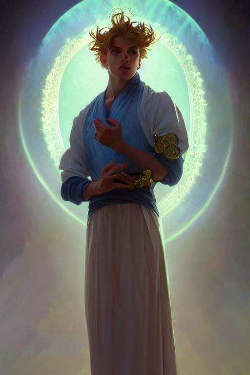 Prompt: portrait of a beautiful young fit male angel with curly blond hairs, dressed with fluent clothes, luminous scene, by greg rutkowski and alphonse mucha, d & d character, gradient white to cyan, in front of an iridescent background, highly detailed portrait, digital painting, artstation, concept art, smooth, sharp focus ilustration, artstation hq