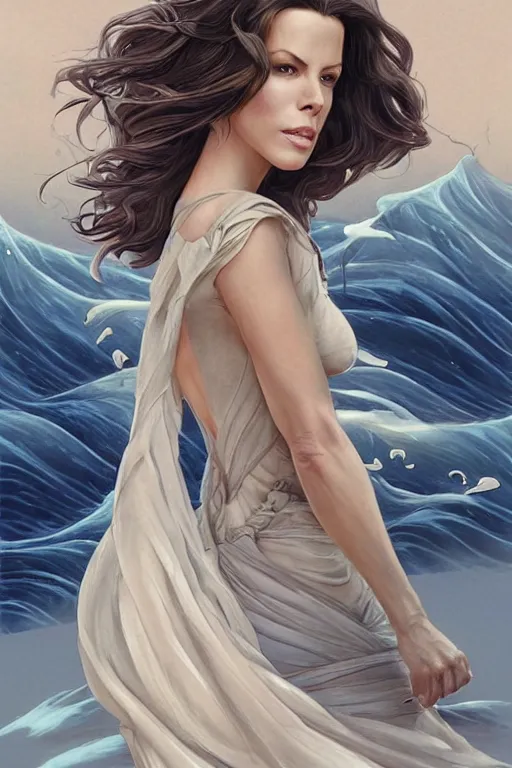 Image similar to kate beckinsdale as a heroine with a dress inspired by the great wave off kanagawa, digital painting, artstation, concept art, smooth, sharp focus, illustration, art by artgerm and donato giancola and Joseph Christian Leyendecker, Ross Tran, WLOP