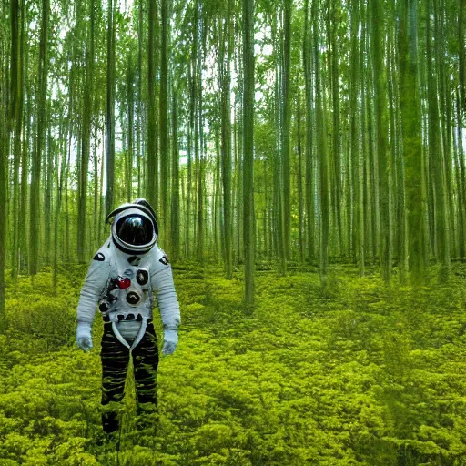 Image similar to An astronaut exploring a green swamp in an alien planet at golden hour