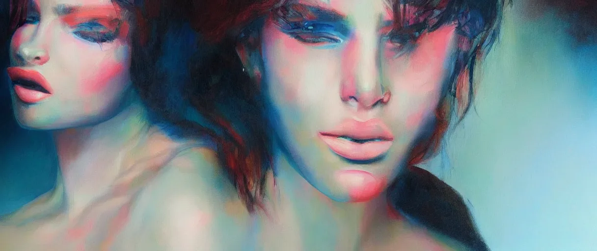 Prompt: realistic painting of a woman in syntwave style, created by Raffaello Sanzi.