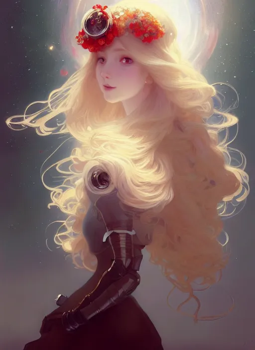 Prompt: highly detailed portrait of a hopeful pretty astronaut lady with a wavy blonde hair, by Greg Tocchini, by Greg Rutkowski, by Ilya Repin, by Alohonse Mucha, by Edmund Blair Leighton, 4k resolution, nier:automata inspired, bravely default inspired, vibrant but dreary but upflifting red, black and white color scheme!!! ((Space nebula background))