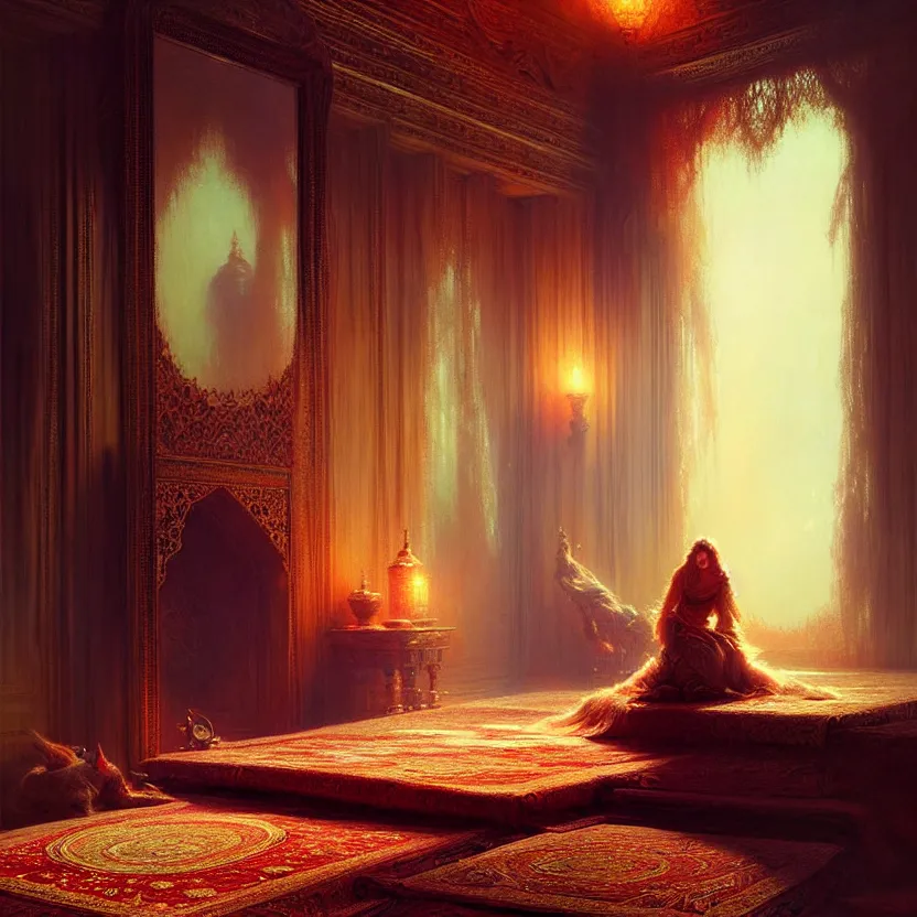 Image similar to magic fluffy Persian carpet & mirror dimension, by Greg Rutkowski and Gaston Bussiere, dim lighting, beautiful volumetric-lighting-style atmosphere, surreal atmosphere, intricate, detailed, photorealistic imagery, artstation