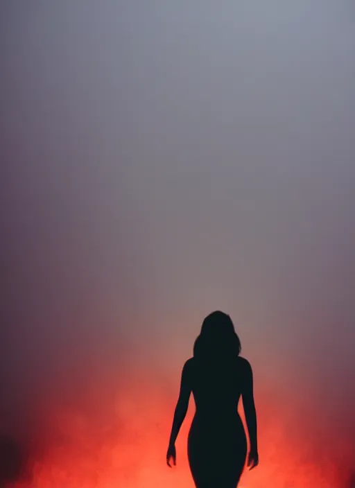 Image similar to a dark female silhouette, glowing aura, fog, film grain