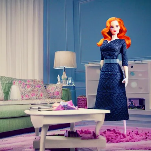 Image similar to amazing beautiful Christina Hendricks barbie doll in the living room, film still from the movie directed by Denis Villeneuve , wide lens