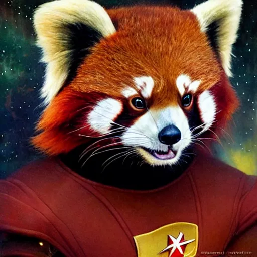 Prompt: a portrait of a male red panda in starfleet uniform at night in a dark forest. zootopia fursona furaffinity furry art detailed face painting by gaston bussiere craig mullins jc leyendecker gustav klimt artgerm greg rutkowski furry