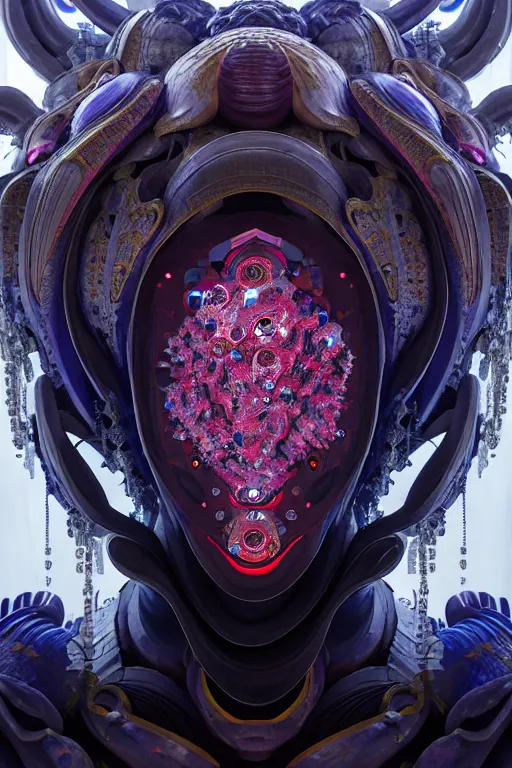 Image similar to asura from chinese myth, ghost, gorgeous and huge head ornaments, dystopian, cyberpunk, organic fractal mycelum and fungi, mecha, halfturn portrait of a big crystal face made of crystals half - turn, ominous, intricate, studio, art by anthony macbain + greg rutkowski + alphonse mucha, concept art, 4 k, sharp focus