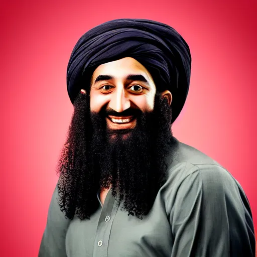 Image similar to profile picture photo of osama bin laden happily smiling, studio lighting, monochromatic background