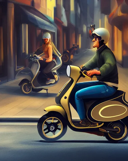 Image similar to moped scooter racing on the street, by etienne dinet, high details, 4 k, golden composition, artstation cgsociety