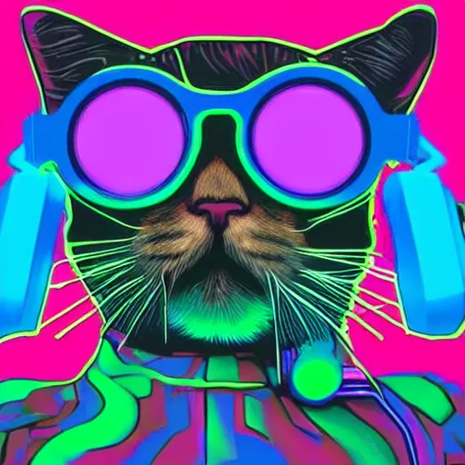 Image similar to vaporwave color scheme, cat wearing a vr headset, vaporwave poster illustration, artstation trending, pinterest