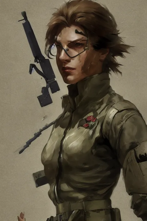 Image similar to mgs solid snake as a woman, full body military outfit, army boots, pouches, full body concept art, khaki color, oil painting, sunlit, paint texture, digital painting, highly detailed, artstation, sharp focus, illustration, concept art, ruan jia, charlie bowater, tom bagshaw, norman rockwell