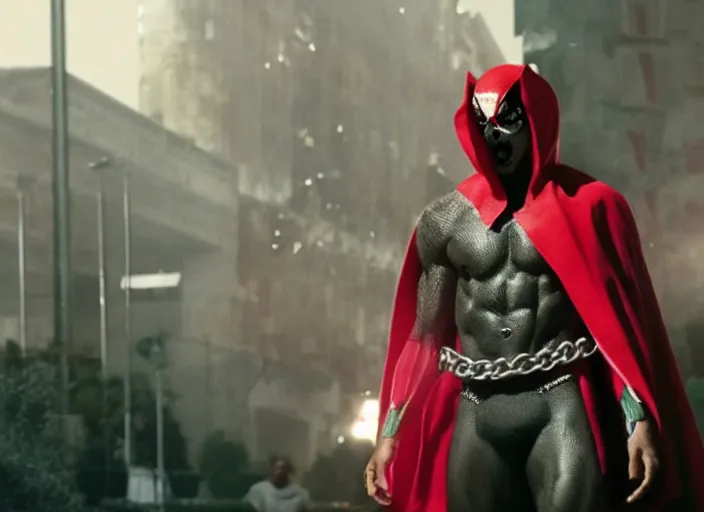 Image similar to film still of michael b jordan as spawn in the new spawn movie, giant chains, large cape, 8 k