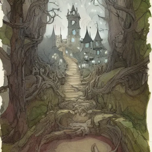 Image similar to james jean watercolor of a haunted castle in the woods, set an the end of a winding road