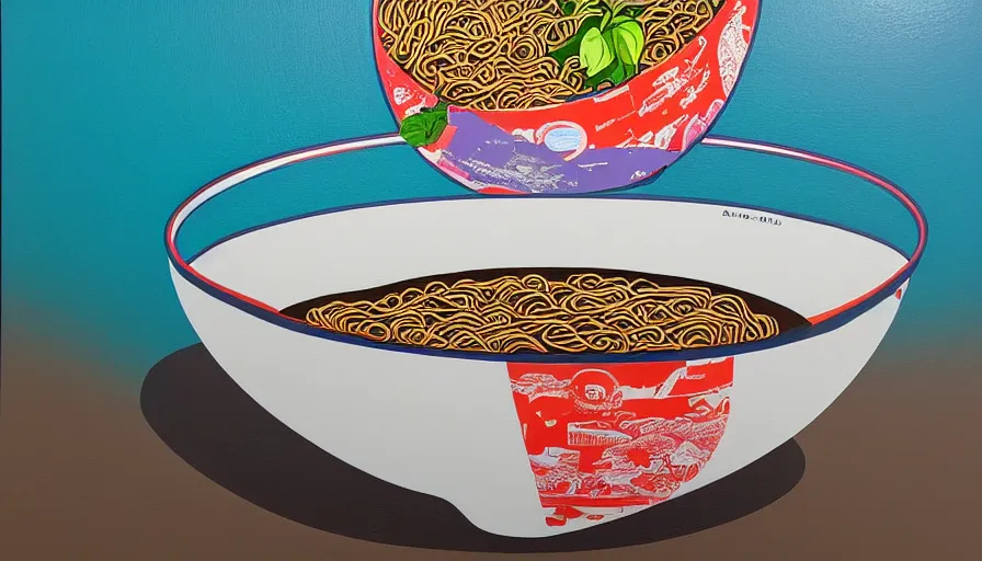 Prompt: I giant ramen bowl filled with Japan travel and adventure, isolated on a minimalist white acrylic base coat, acrylic airbrush collage-painting by Jules Julien, Leslie David and Lisa Frank, muted colors with predominant white background minimalism, neon color mixed media painterly details, neo-classical composition, rule of thirds, design tension, impactful graphic design