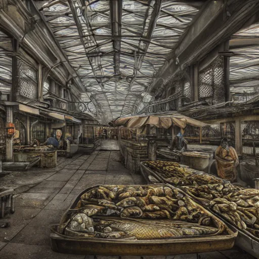 Prompt: ultra - photorealistic, abandoned fish market, urban legend portrait, intricate details, sharp focus, baroque, beautiful, symmetrical, reduce duplicate content, ultra - realistic details content, ultra realistic resolution, 4 k, uhd, random content position