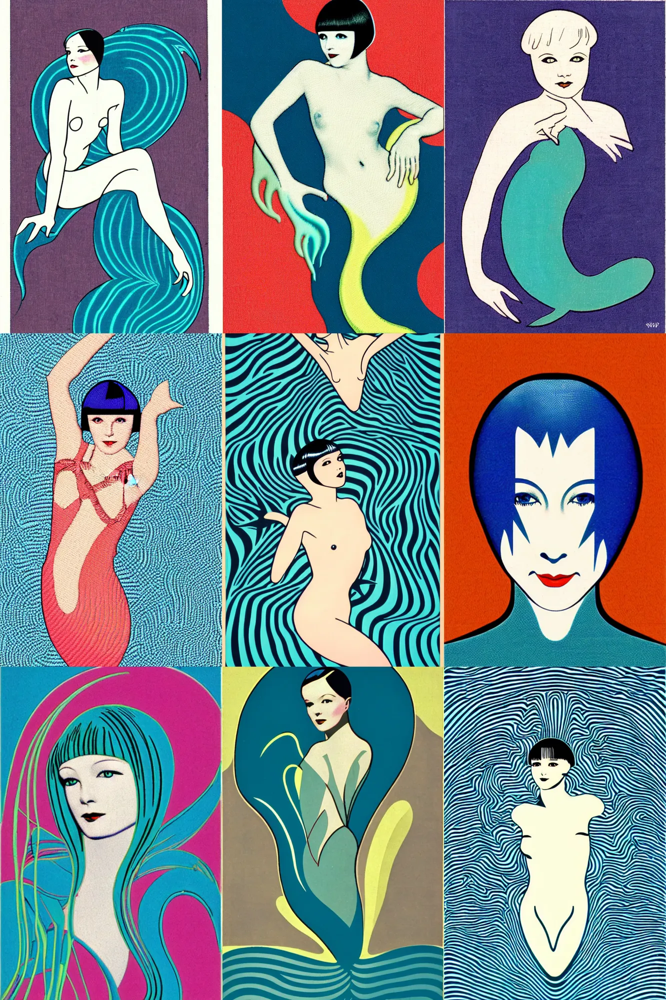 Prompt: vector patch logo of mary louise brooks as a mermaid, ross tan, op art, sea colours, 1 9 2 0 s, art deco