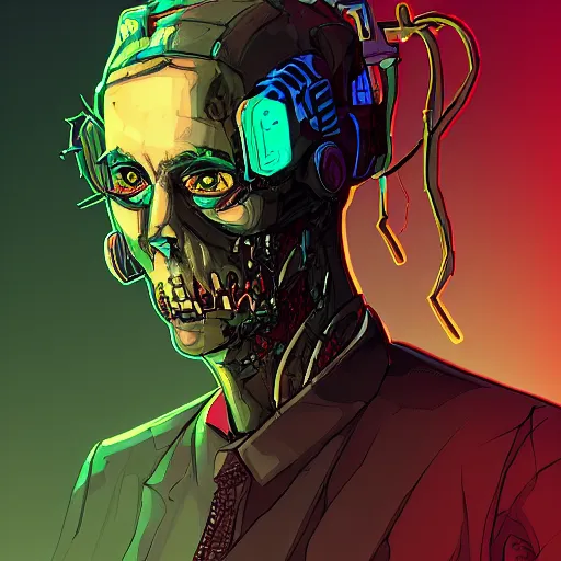 Prompt: cyberpunk zombie as the leader of a futuristic communist nation, cybernetics, sharp lines, digital, artstation, colored in