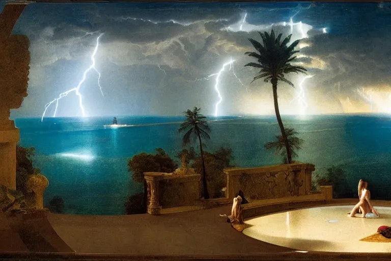 Prompt: From inside of the palace, refracted lightnings on the ocean, thunderstorm, greek pool, beach and Tropical vegetation on the background major arcana sky and occult symbols, by paul delaroche, hyperrealistic 4k uhd, award-winning, very detailed paradise