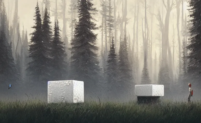 Image similar to one textured white metallic cube on the ground in the forest, realistic sci-fi painting by simon stålenhag, digital art, trending on artstation