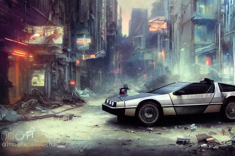 Image similar to photograph of the delorean driving down the streets of a cyberpunk abandoned city, by greg rutkowski, by stanley artgerm, by alphonse mucha