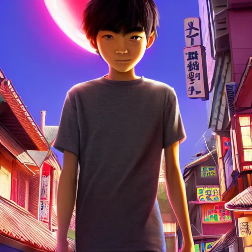 Prompt: teen japanese boy standing in front of his home in san fransokyo, close up portrait photo, pixar film, big hero 6, hyper detailed, digital art, trending on artstation, cinematic lighting, studio quality, smooth render, unreal engine, octane render