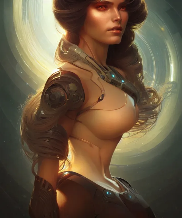 Image similar to futuristic woman portrait, sci-fi, amber eyes, face, long hair, fantasy, intricate, elegant, highly detailed, digital painting, artstation, concept art, smooth, sharp focus, illustration, art by artgerm and greg rutkowski and alphonse mucha