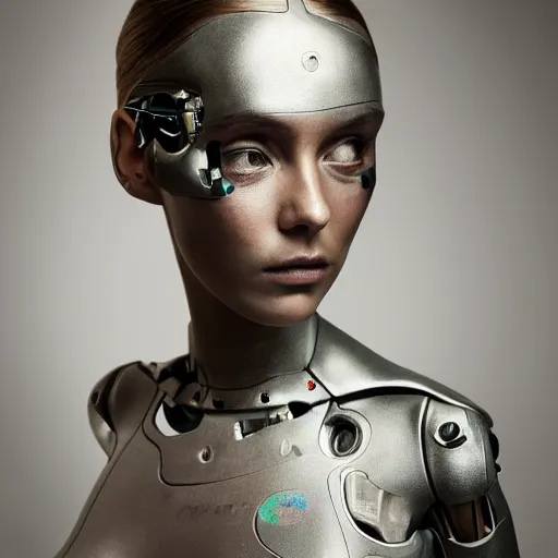 Prompt: beautiful Fine art photography portrait of a solarpunk half robot half human girl with real human face, lights over body, highly detailed, photorealism, studio lighting 8k