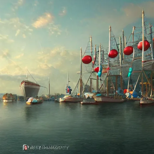 Image similar to digital art of a maritime port in bretagne with giant birthday balloons, artstation cgsociety masterpiece